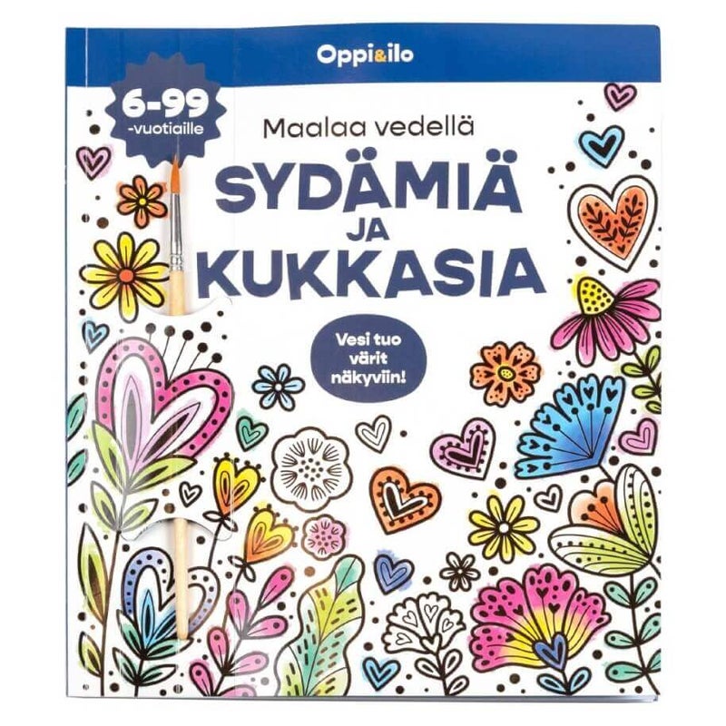 Oppi&ilo Maalaa vedell&auml; syd&auml;mi&auml; ja kukkasia puuhakirja